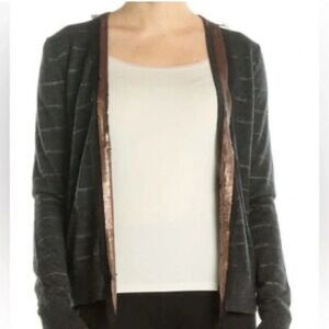 LOFT M Gold sequin grey stripe wool blend lightweight woman classic cardigan